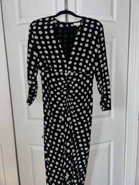 RIXO genuine silk Black and White Polka Dot Long Sleeve Dress